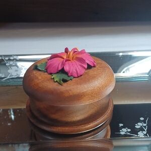Wooden Trinket Ring / Box W  Pink Flower Accent Top